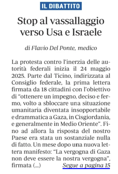 "Stop al vassallaggio verso USA e Israele". Un articolo di Flavio Del Ponte su "LaRegione".